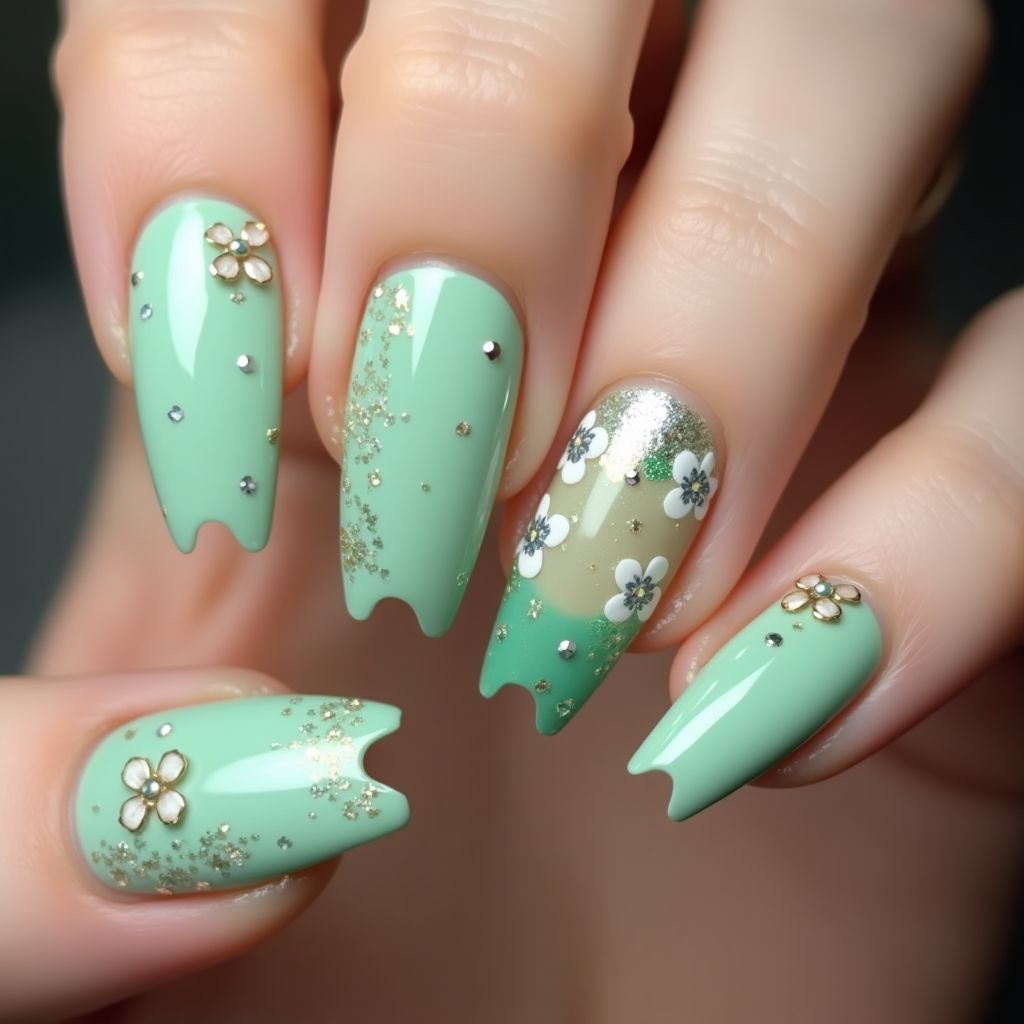 Pastel Green Coffin Nail Design