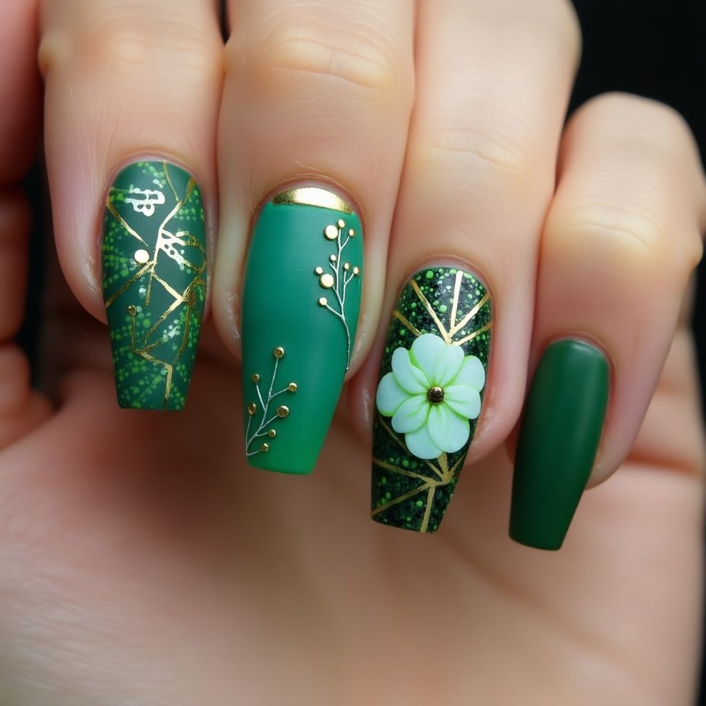 Green Coffin Nail Design
