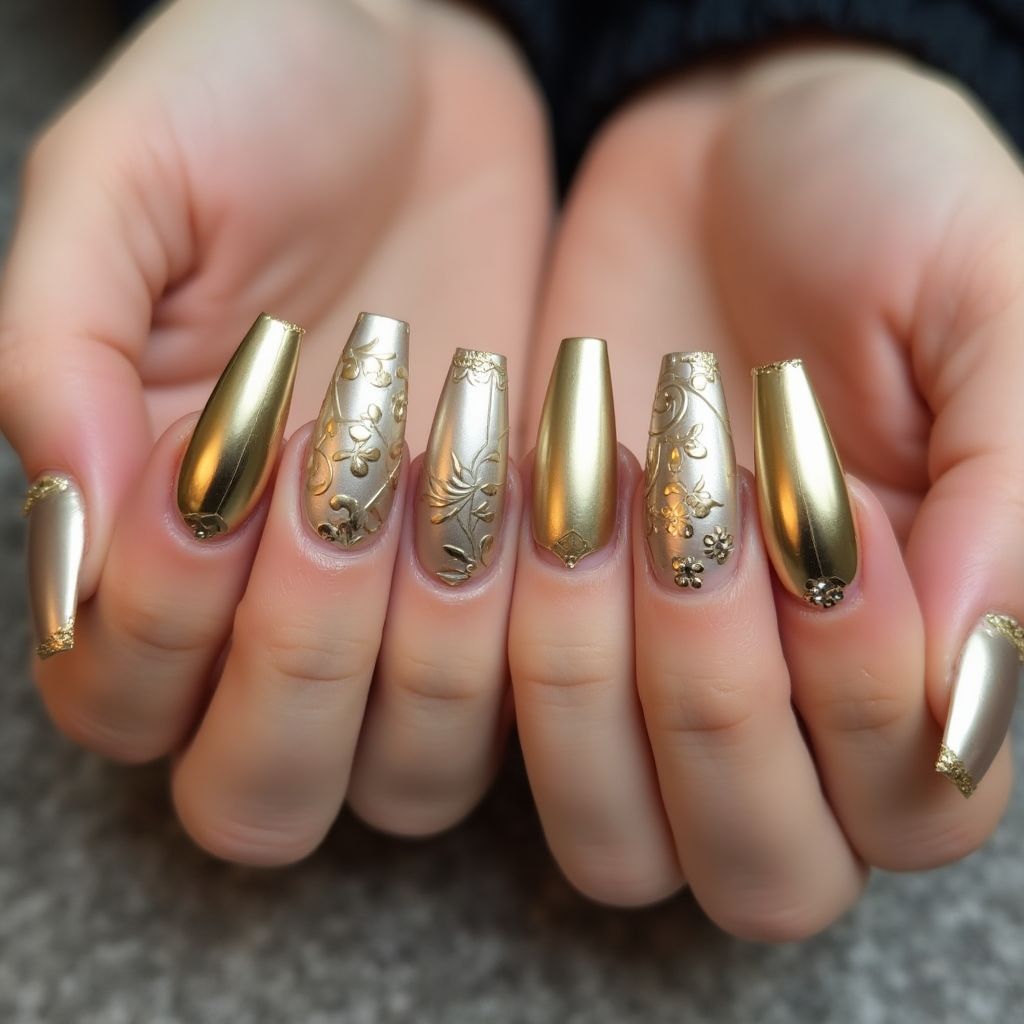 Gold Coffin Nail Design