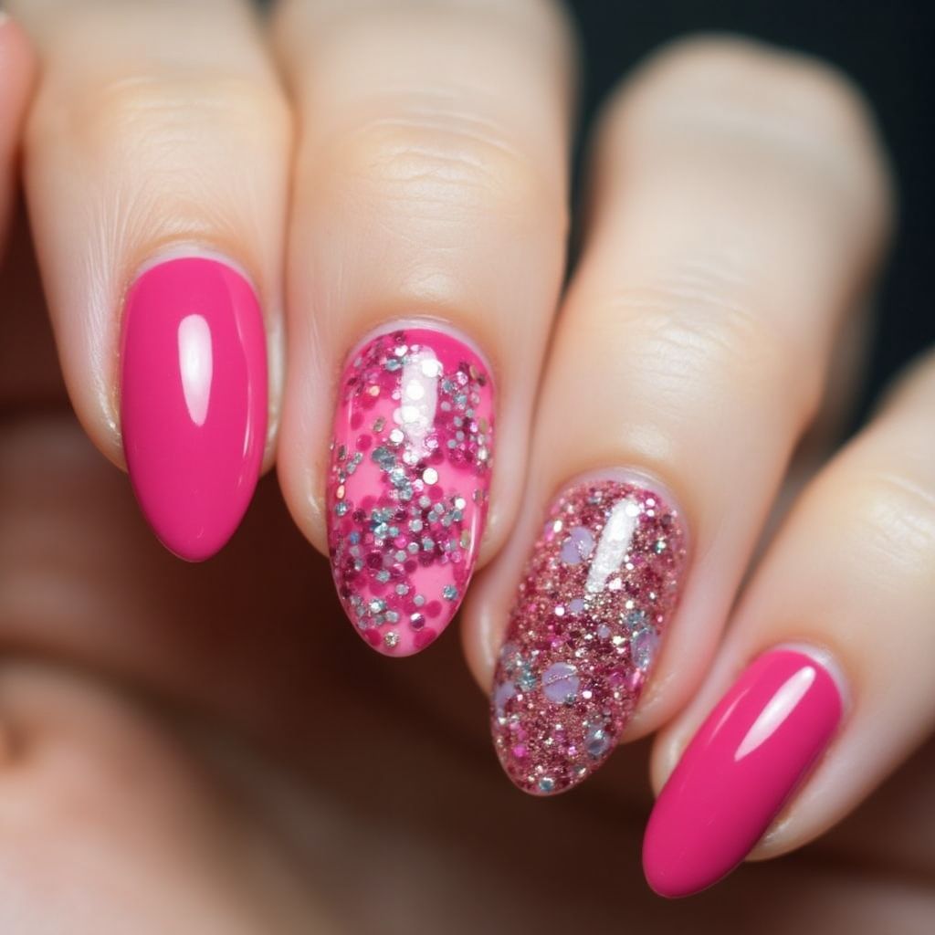 Hot Pink Almond Nail Design