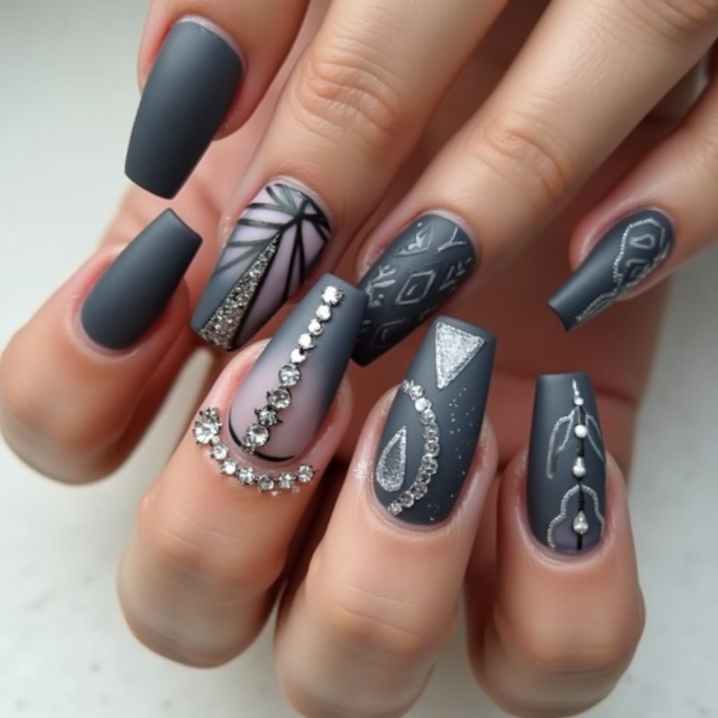 Charcoal Gray Square Nail Design