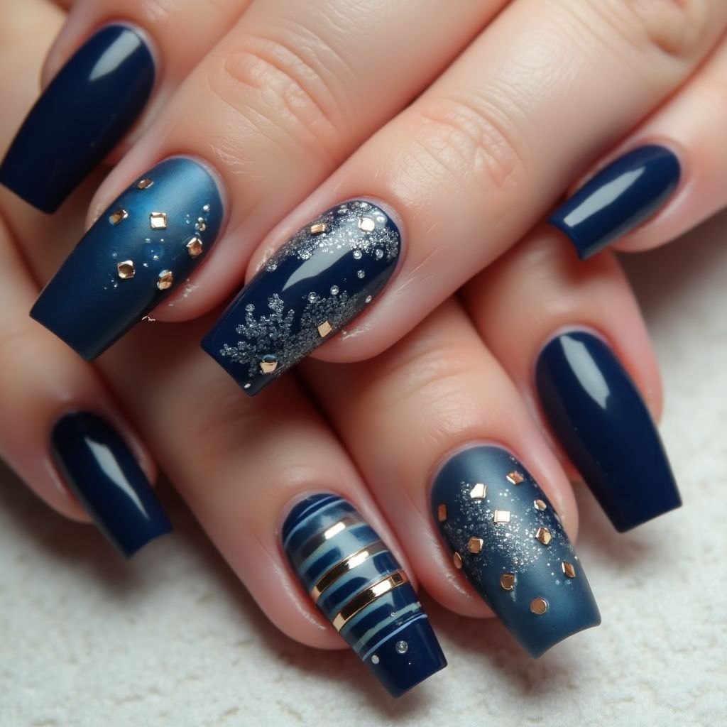 Navy Blue Coffin Nail Design
