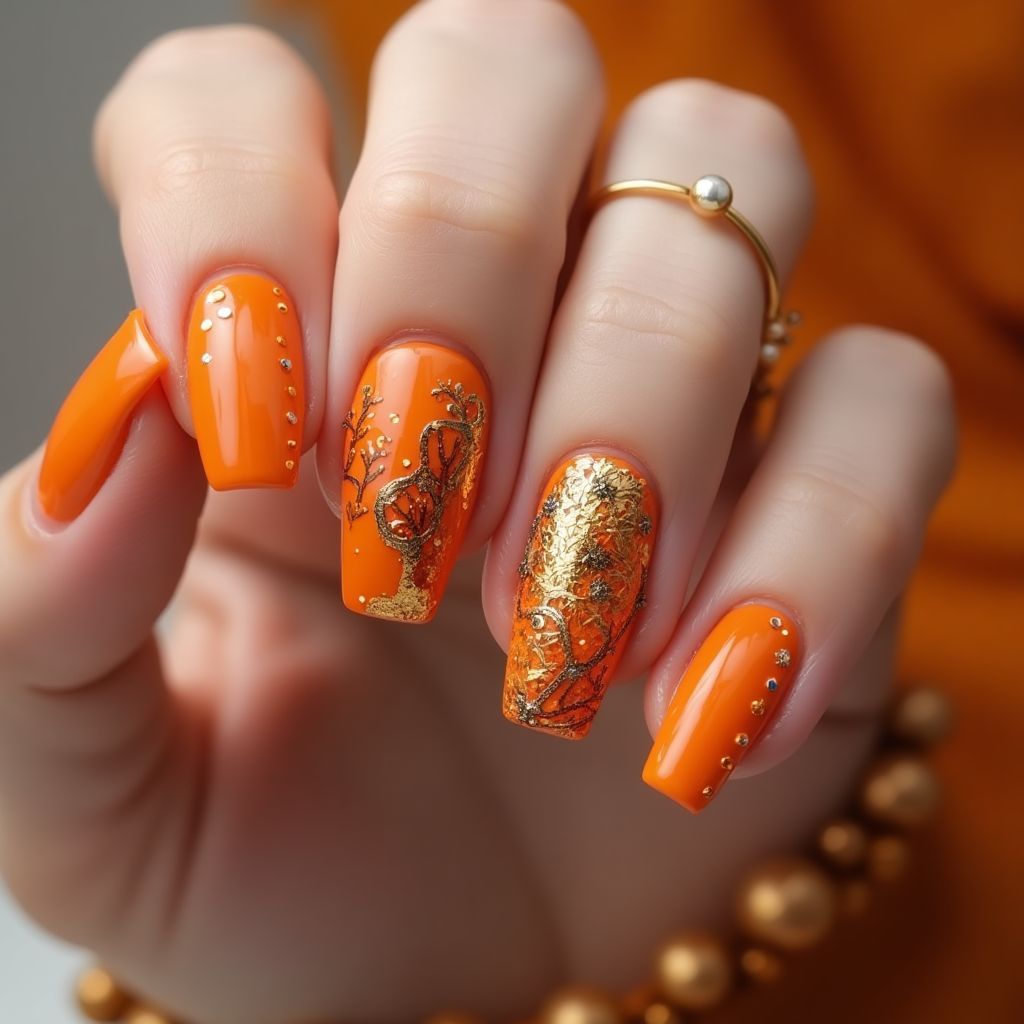 Orange Coffin Nail Design