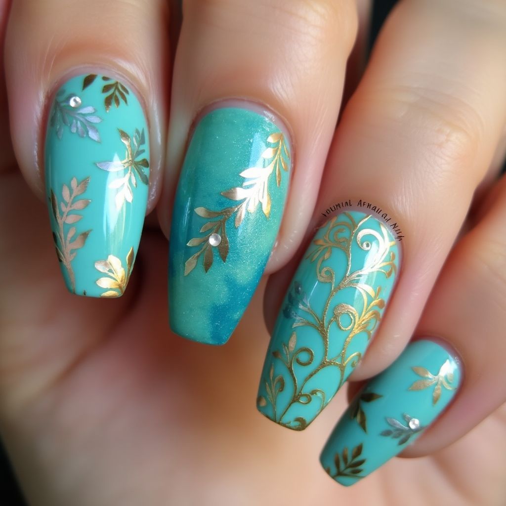 Turquoise Coffin Nail Design