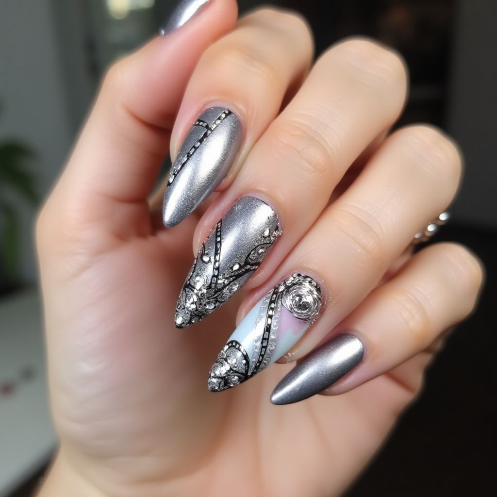 Silver Stiletto Nail Design