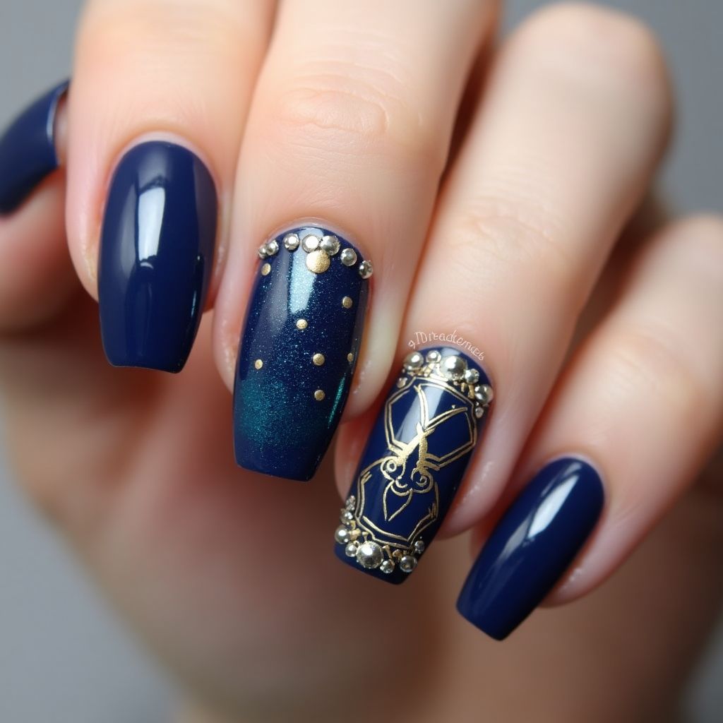Navy Blue Coffin Nail Design