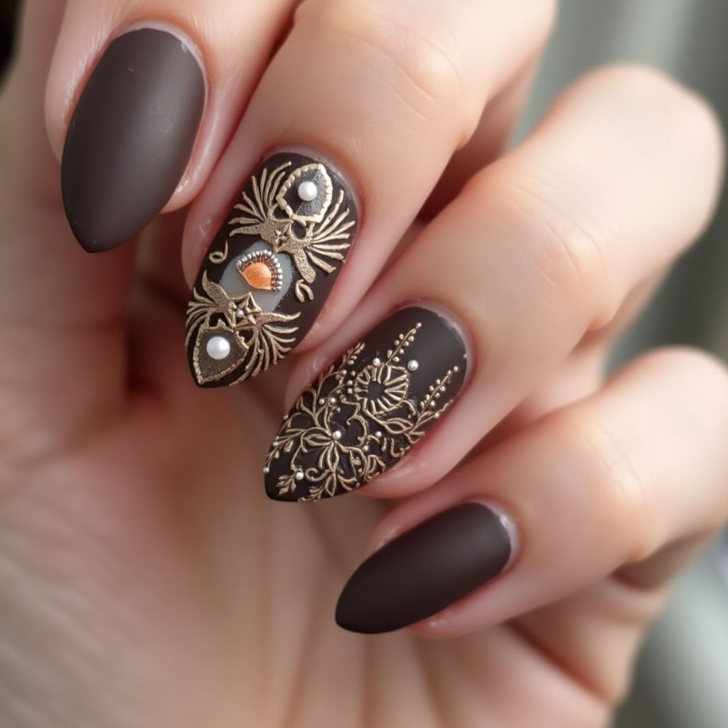 Chocolate Brown Almond Nail Design
