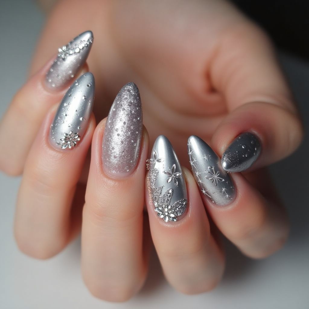Silver Almond Nail Design