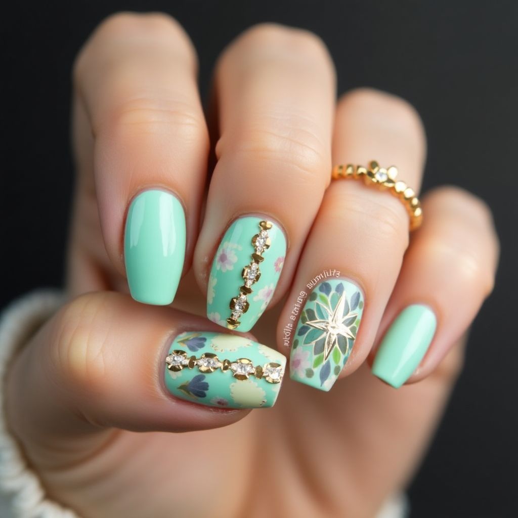 Mint Green Coffin Nail Design