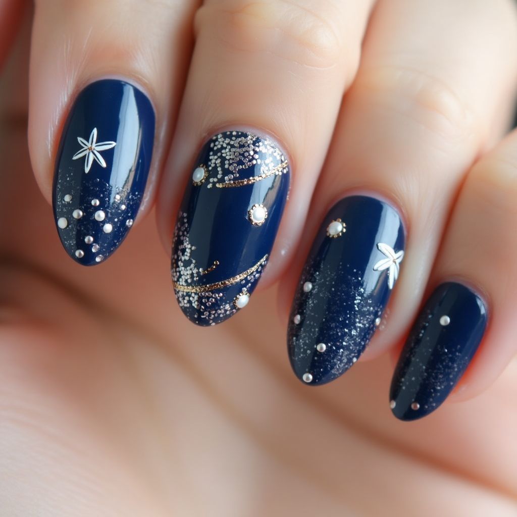 Navy Blue Almond Nail Design