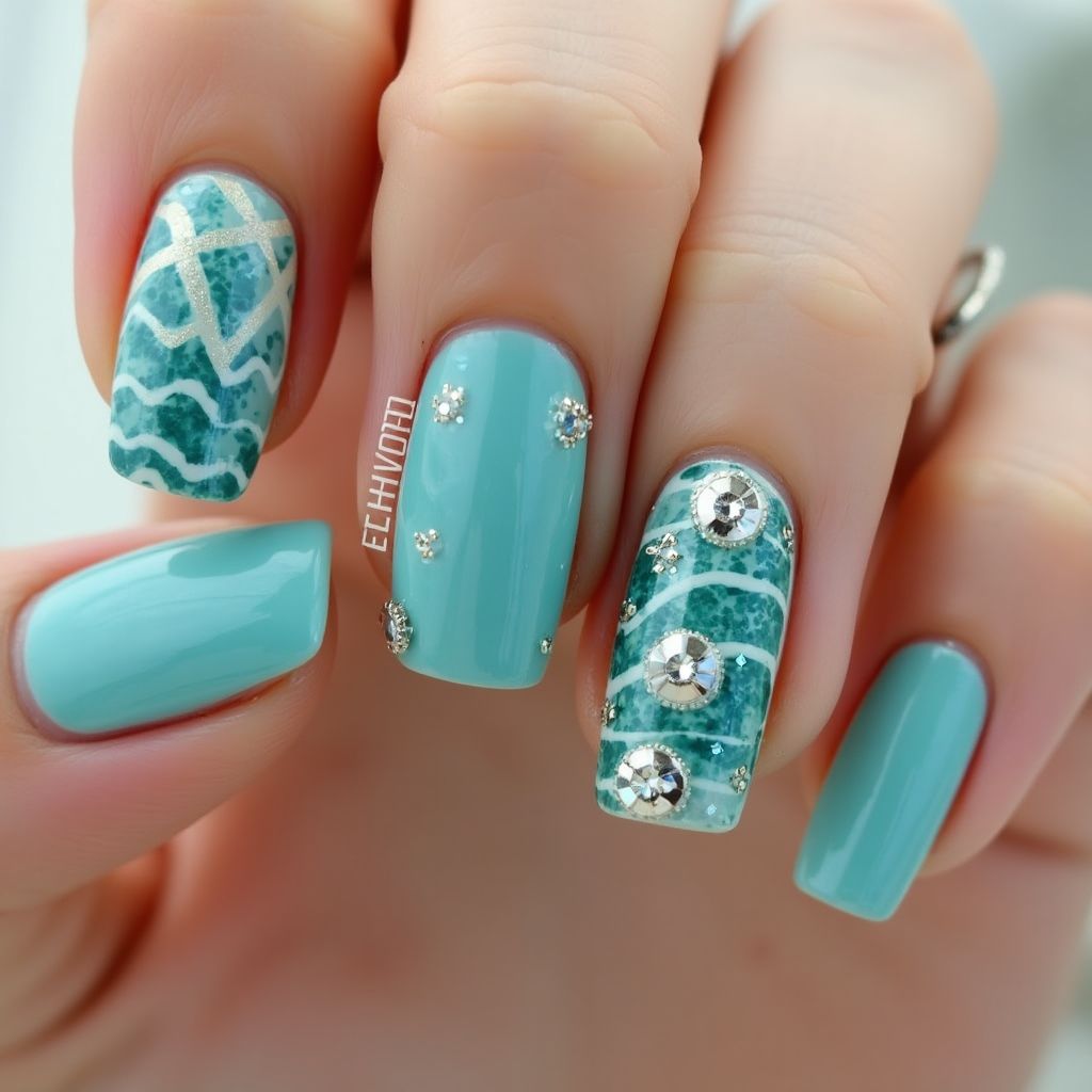 Teal Square Nail Design