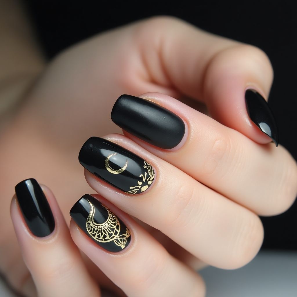 Black Round Nail Design