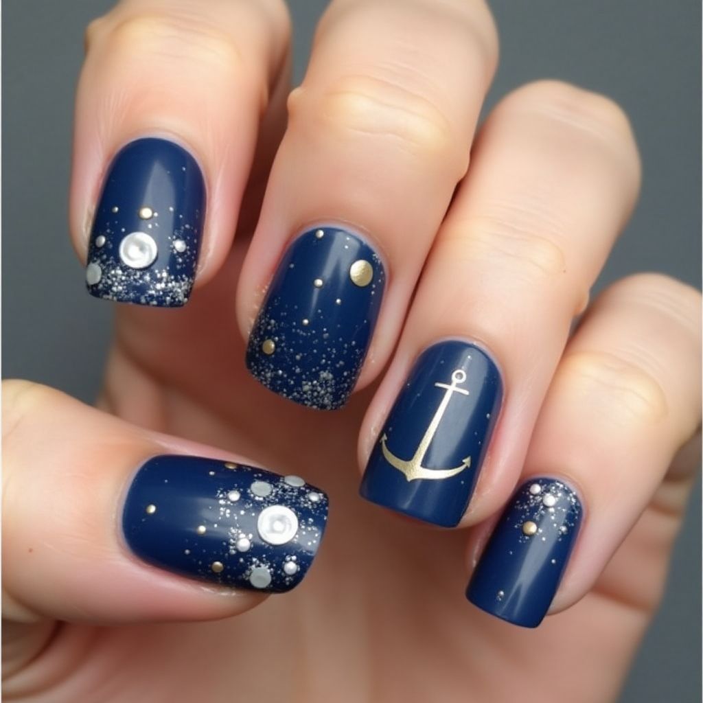 Navy Blue Round Nail Design