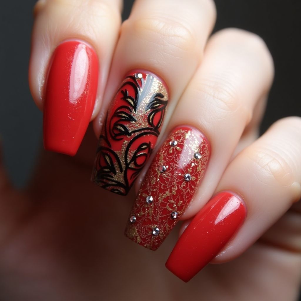 Red Coffin Nail Design