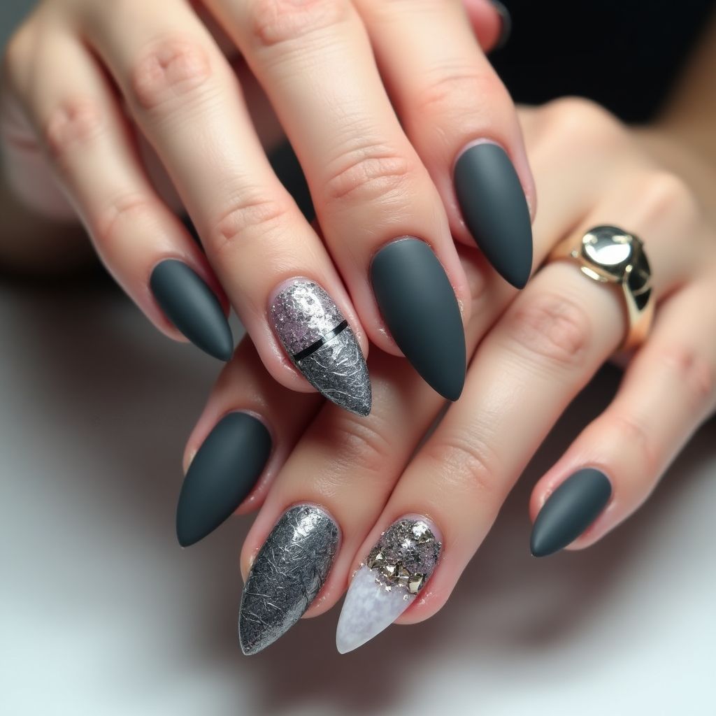 Charcoal Gray Coffin Nail Design