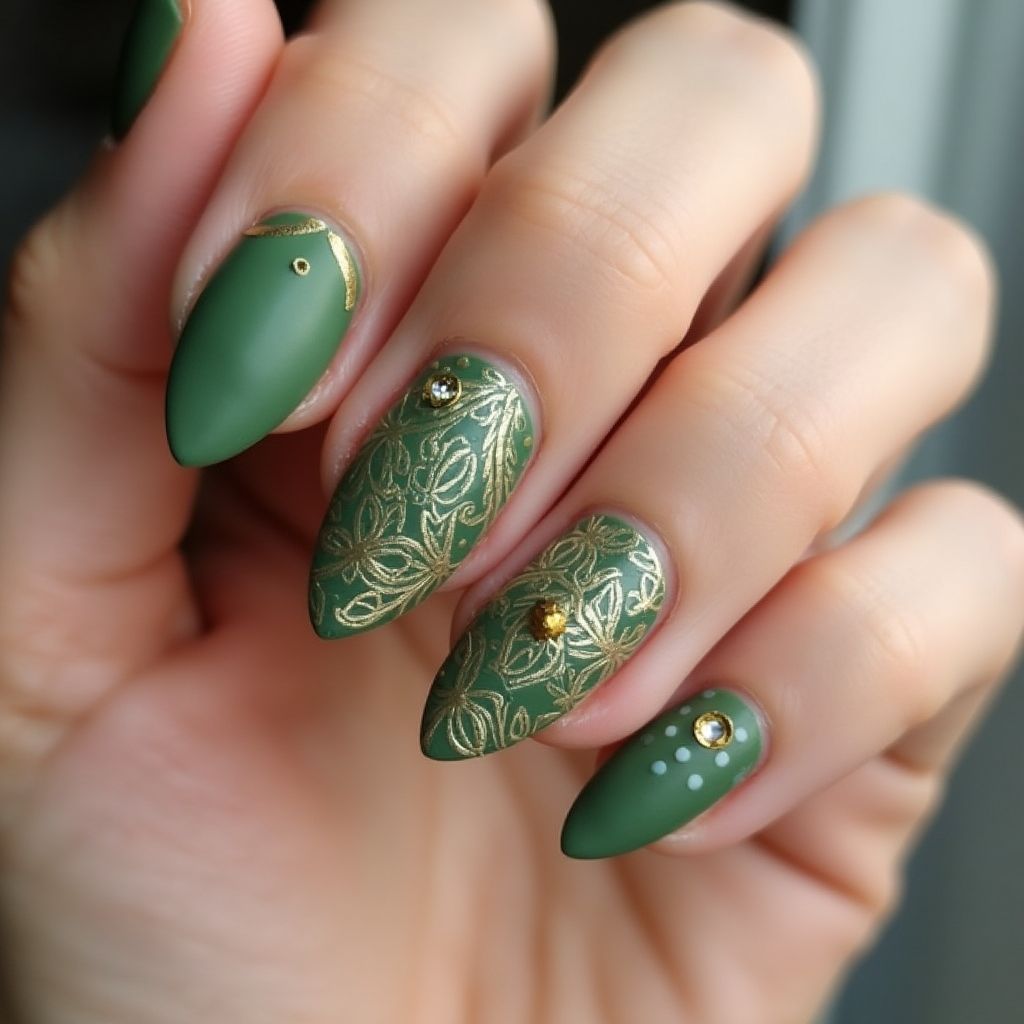 Olive Green Almond Nail Design