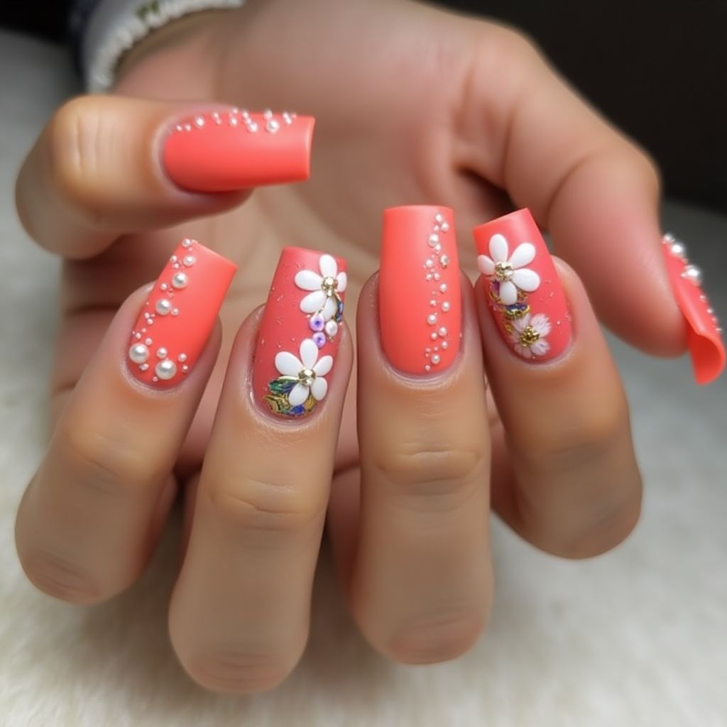 Coral Square Nail Design