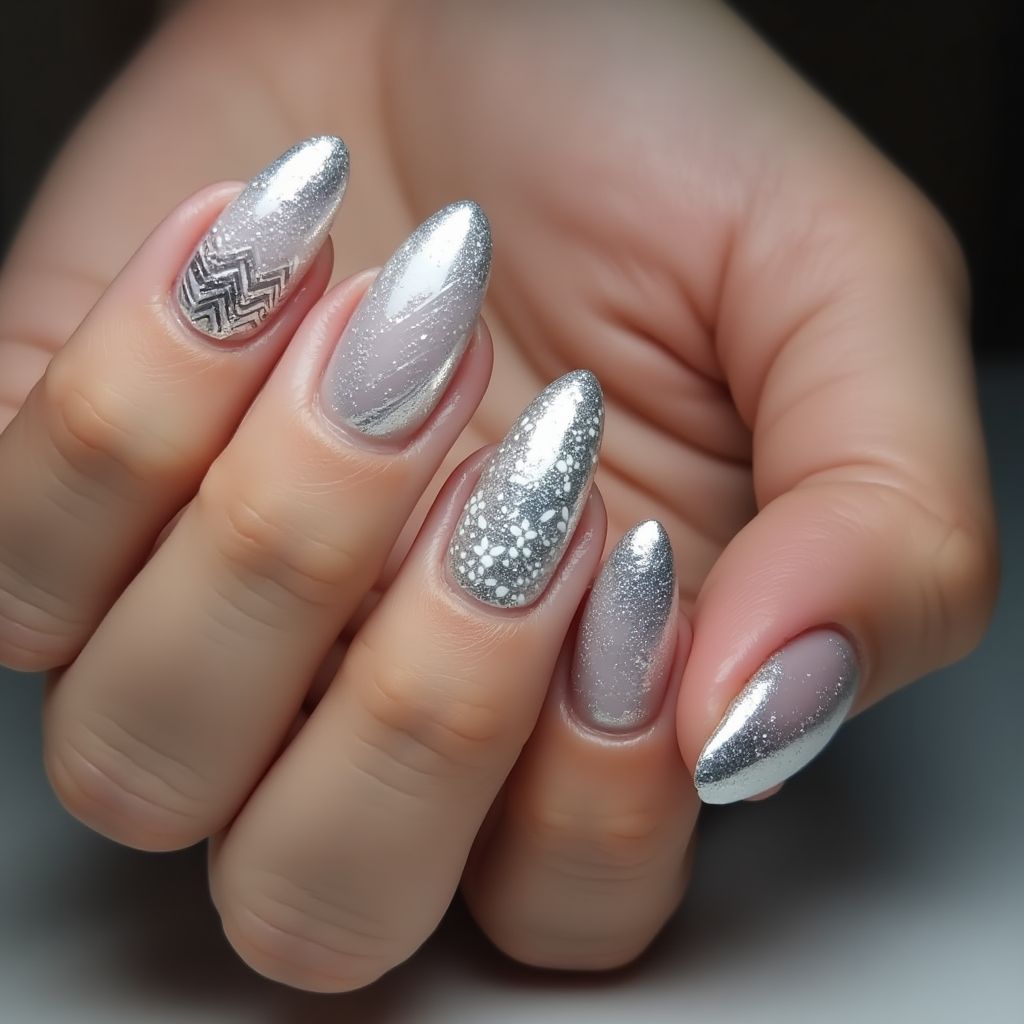 Silver Almond Nail Design