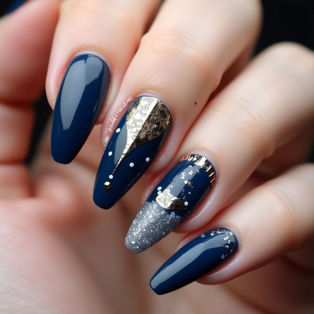 Navy Blue Coffin Nail Design
