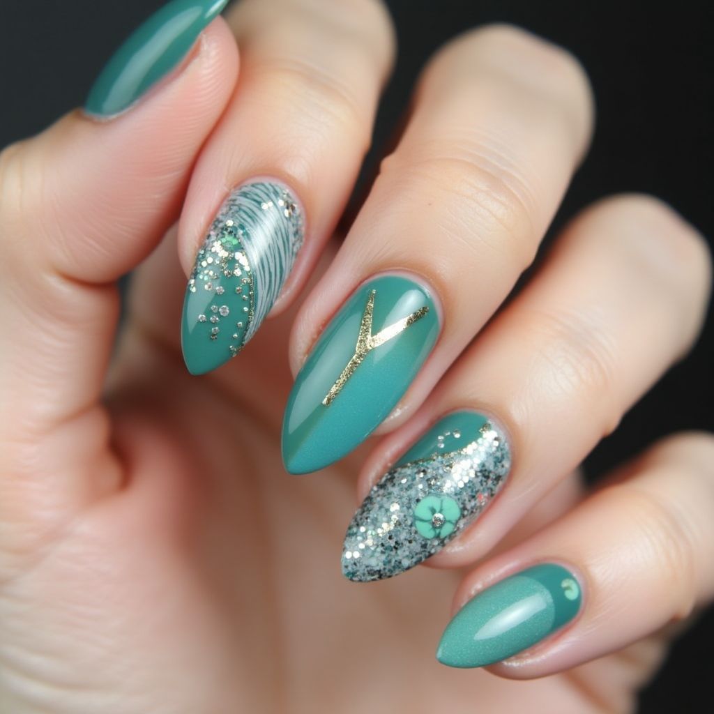 Teal Almond Nail Design