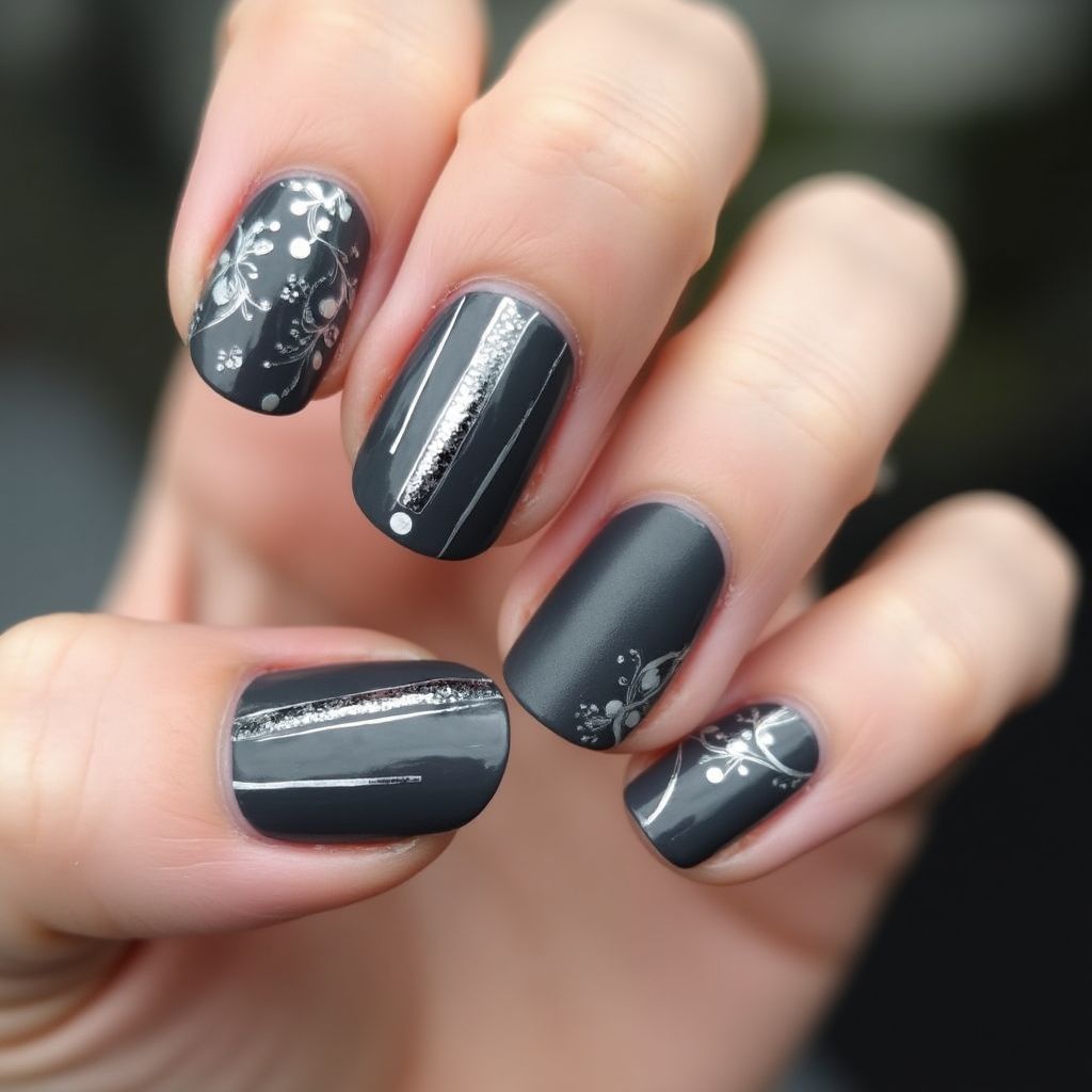 Charcoal Gray Round Nail Design