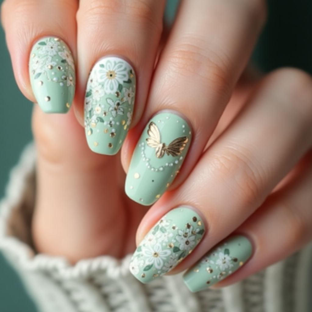 Pastel Green Round Nail Design