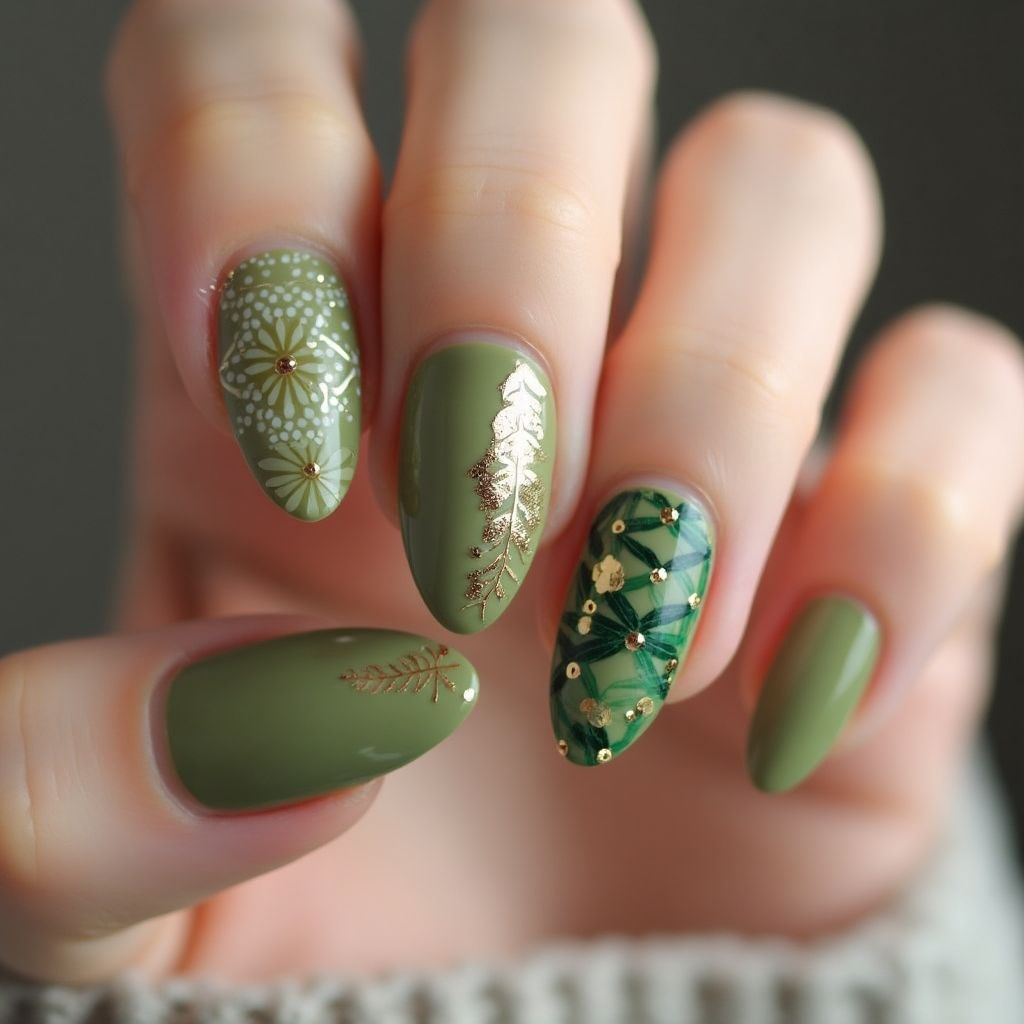 Olive Green Almond Nail Design