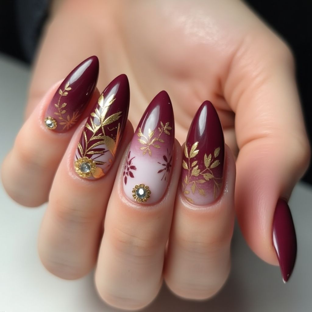 Wine Almond Nail Design