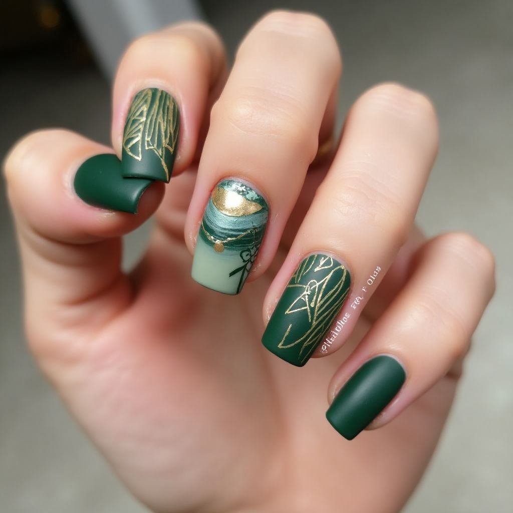 Olive green Square Nail Design