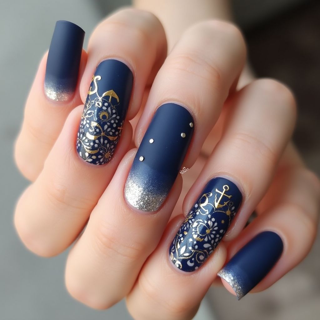 Navy Blue Round Nail Design