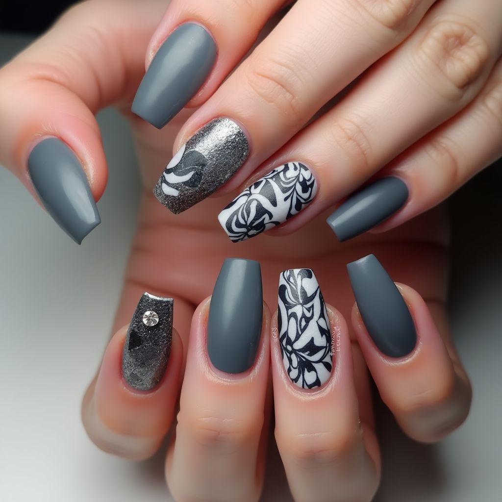 Charcoal Gray Coffin Nail Design