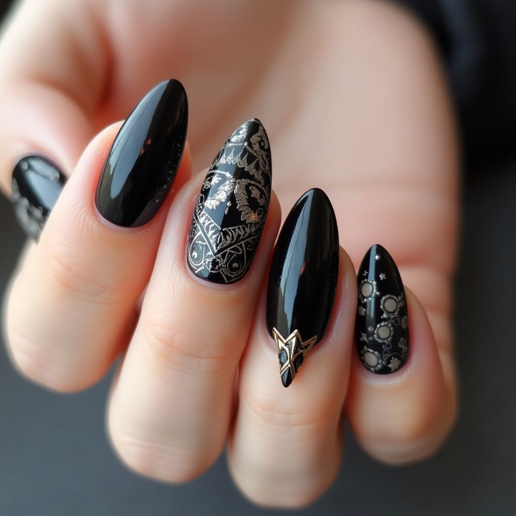 Black Almond Nail Design