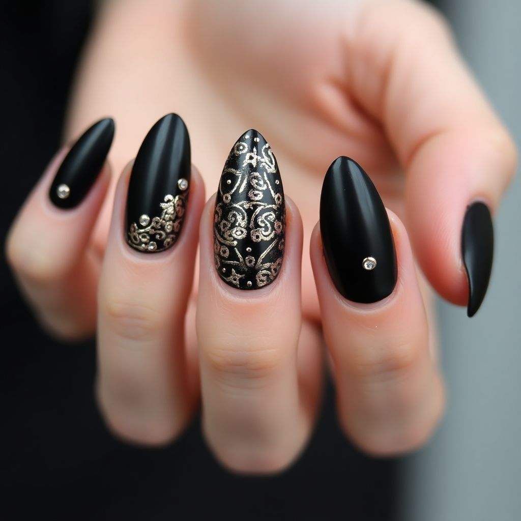 Black Almond Nail Design