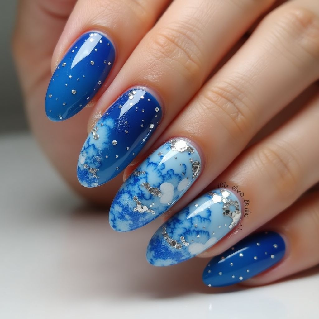 Blue Almond Nail Design
