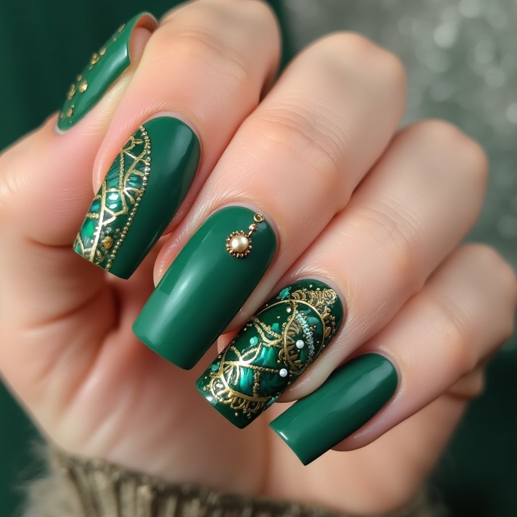 Emerald Green Square Nail Design