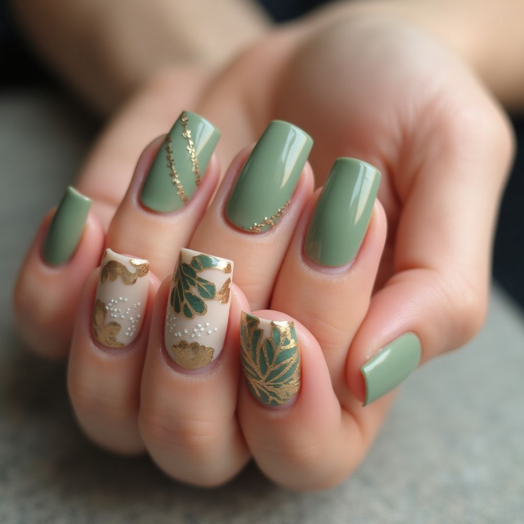 Olive Green Square Nail Design