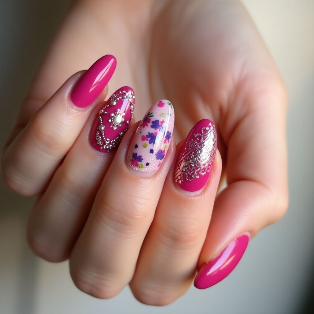 Hot pink Almond Nail Design