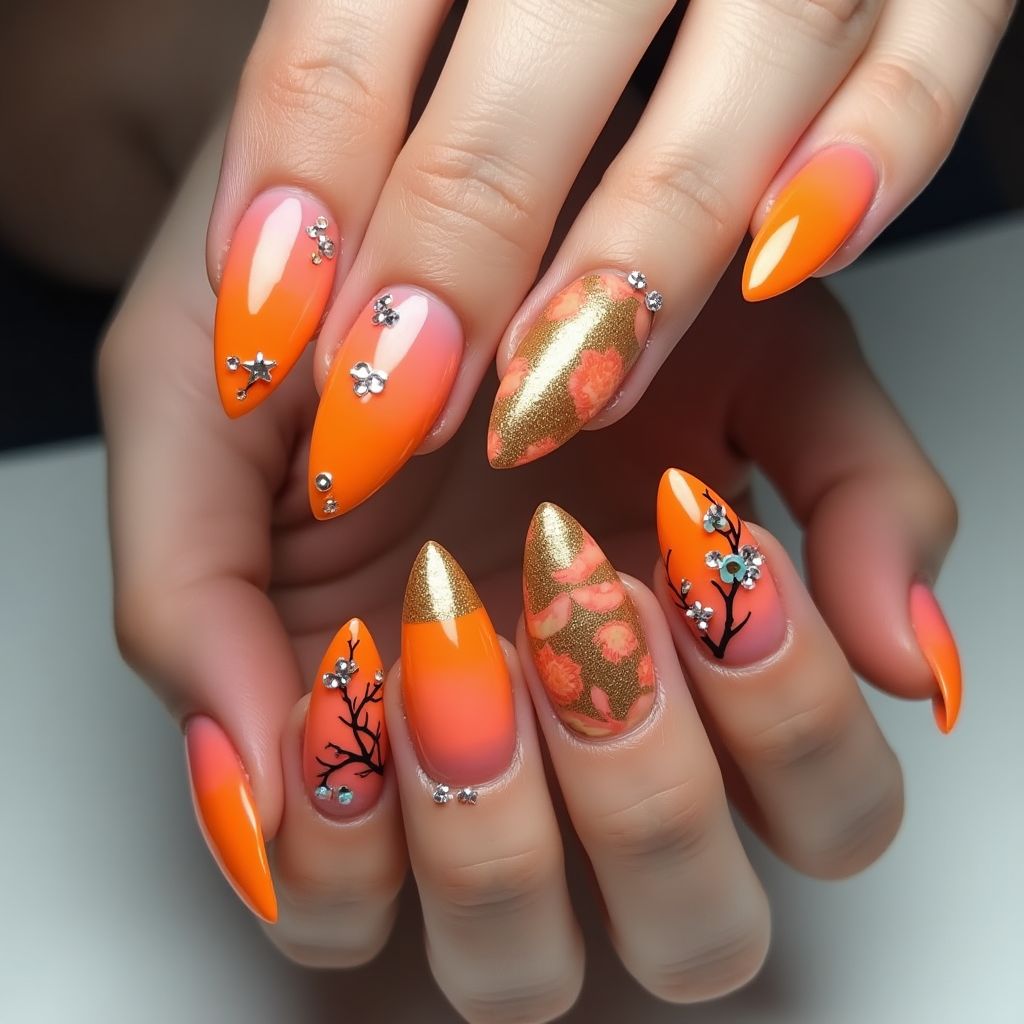 Orange Stiletto Nail Design