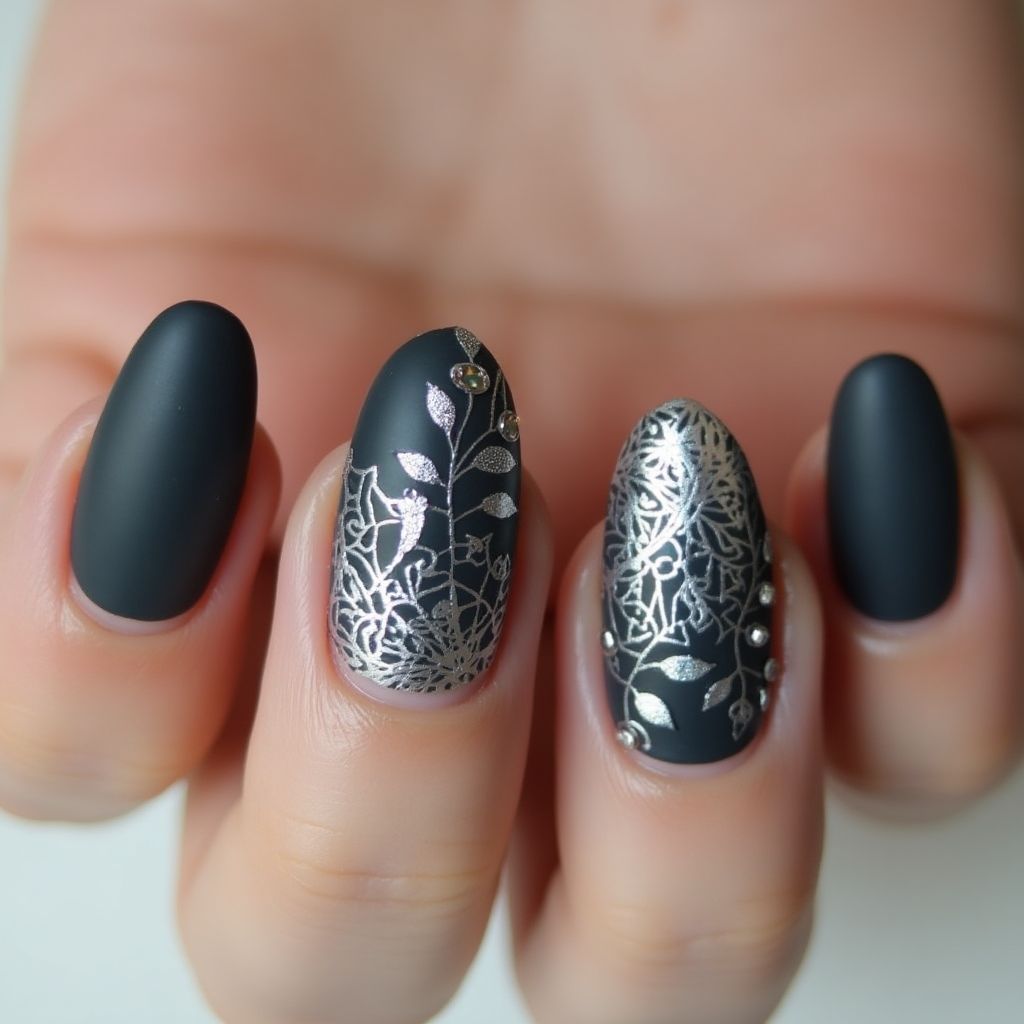 Charcoal Gray Almond Nail Design