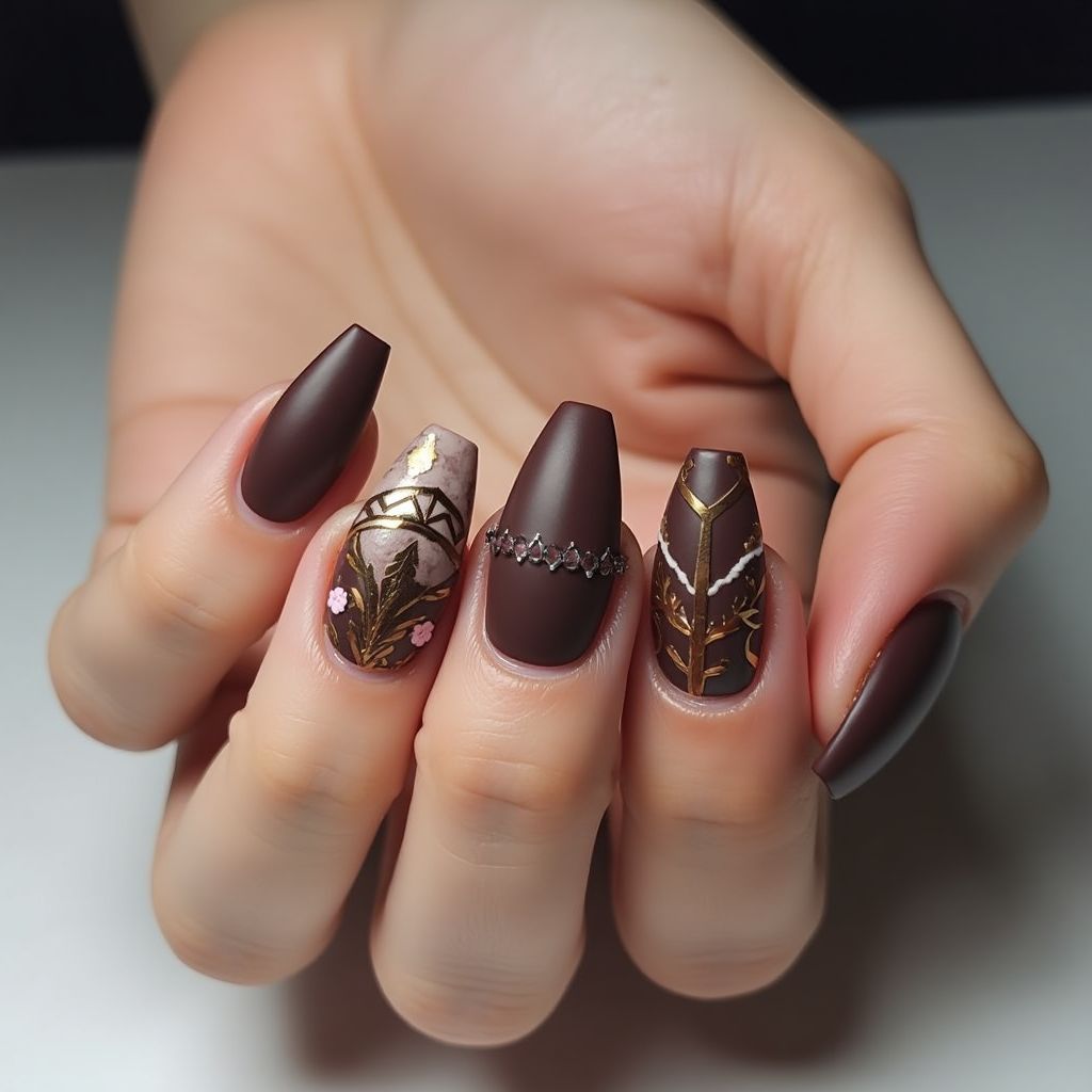 Chocolate Brown Coffin Nail Design