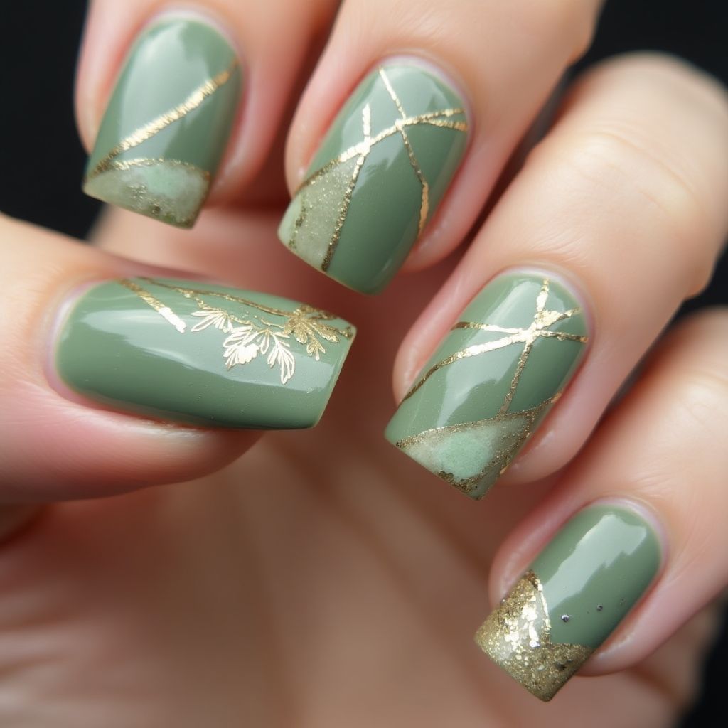 Olive Green Square Nail Design