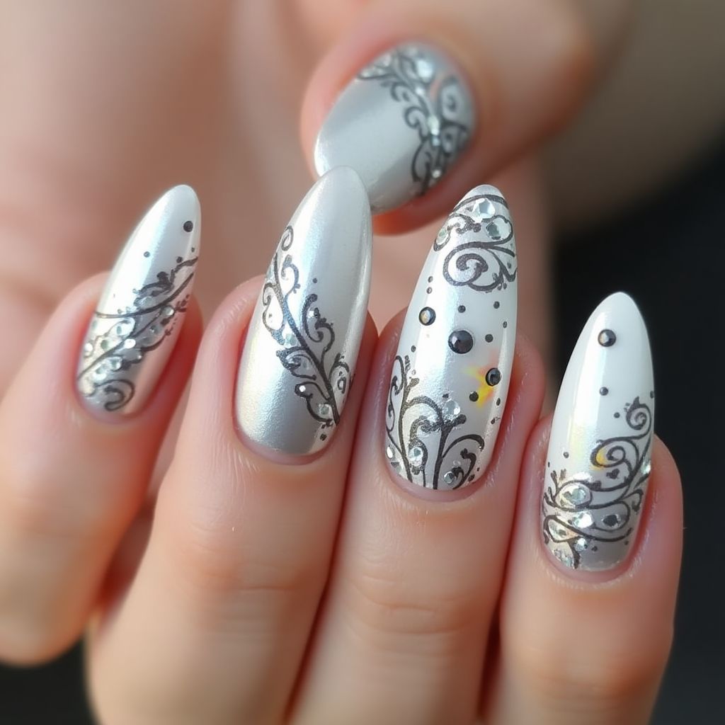 Silver Almond Nail Design