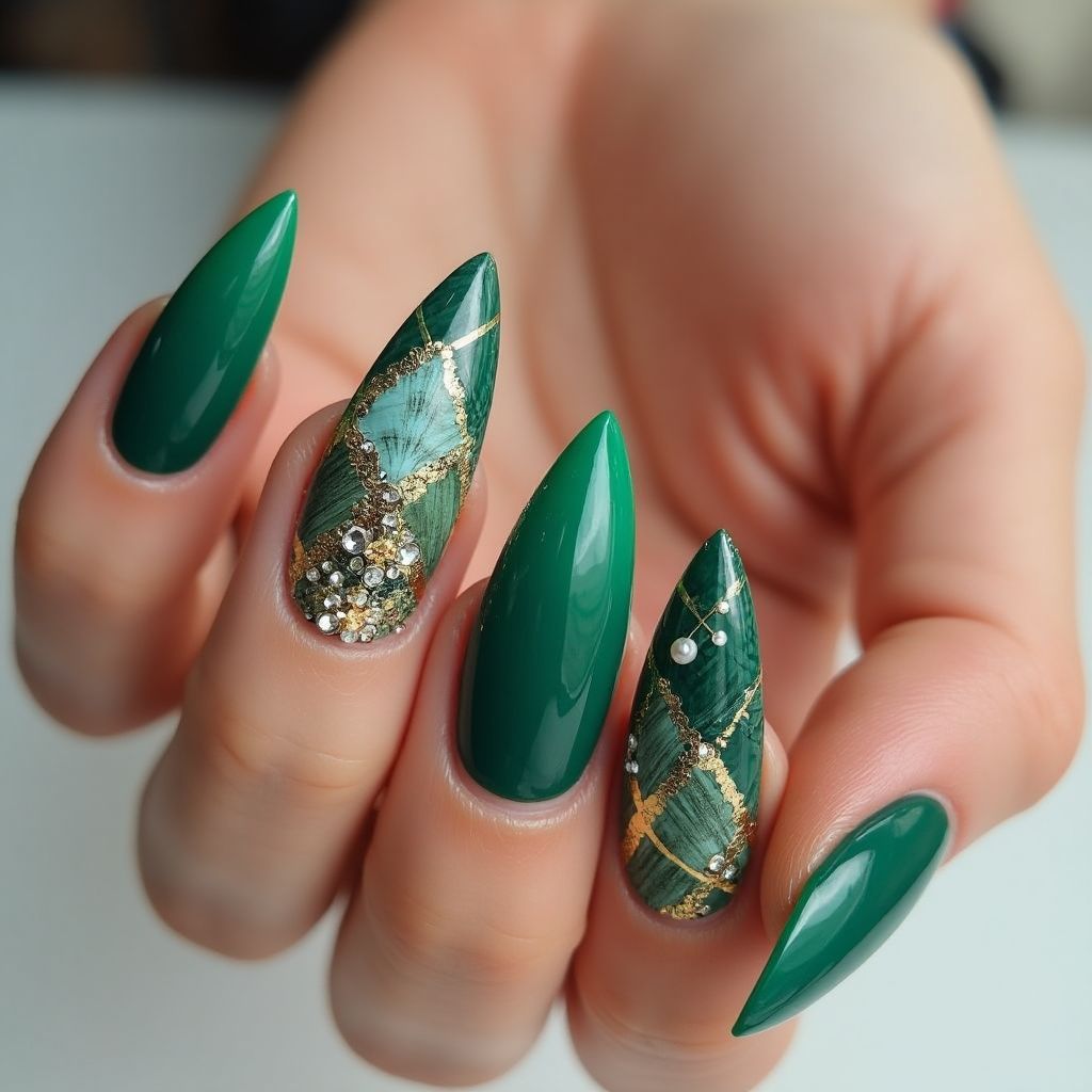 Emerald Green Stiletto Nail Design