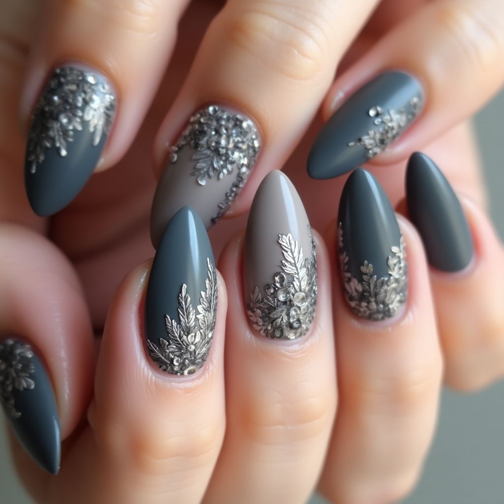 Charcoal Gray Stiletto Nail Design