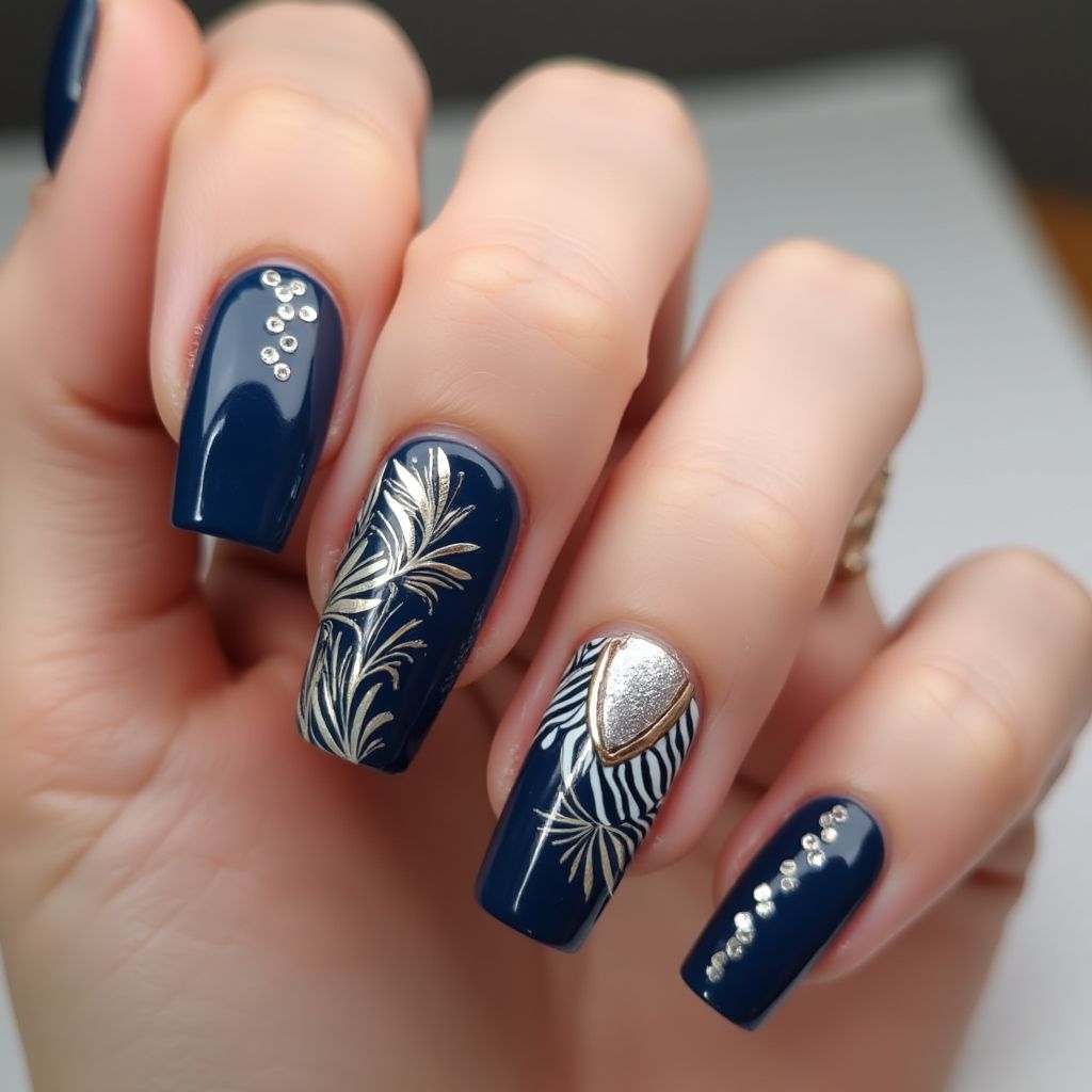 Navy Blue Square Nail Design