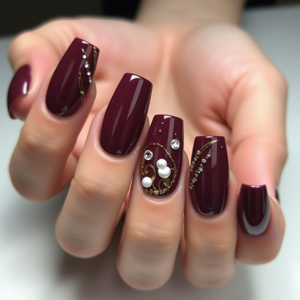 Burgundy Coffin Nail Design