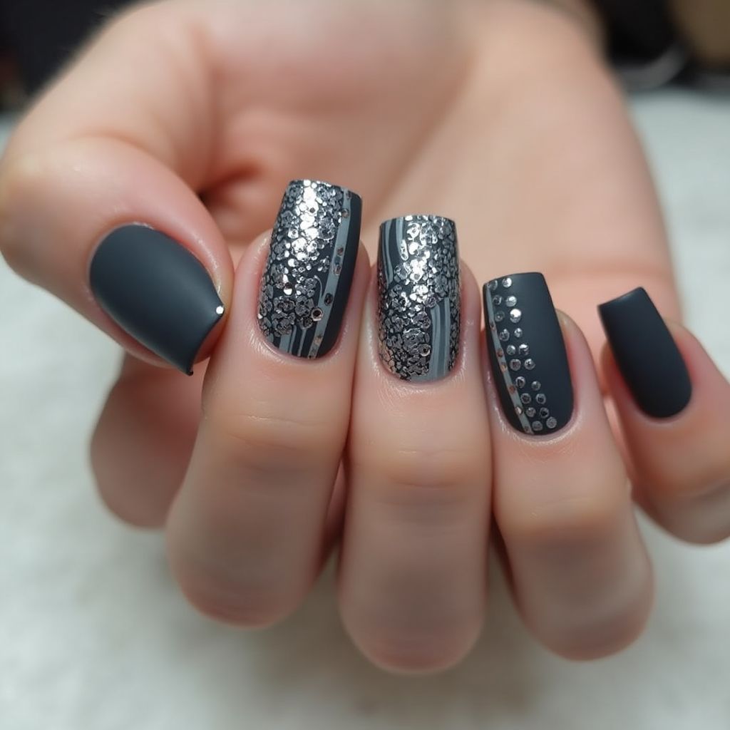 Charcoal Gray Square Nail Design
