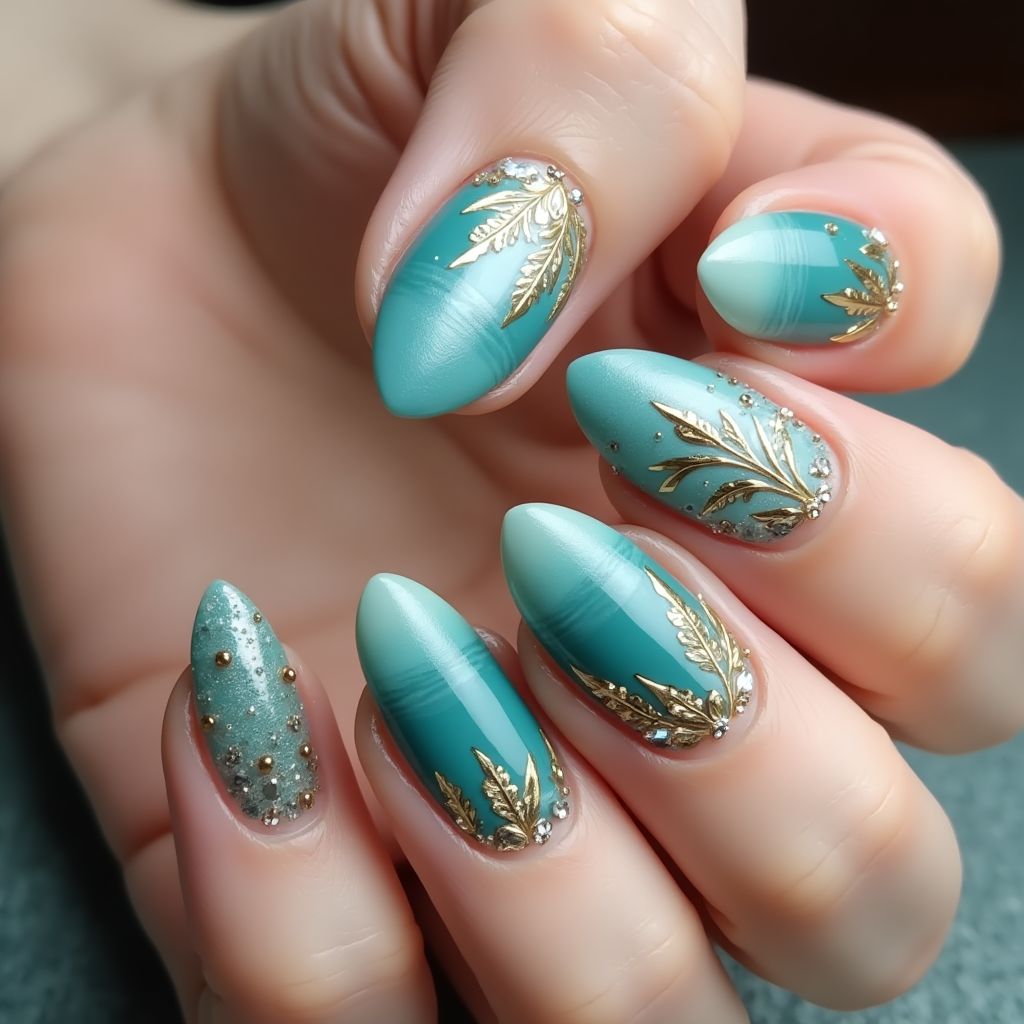 Teal Almond Nail Design