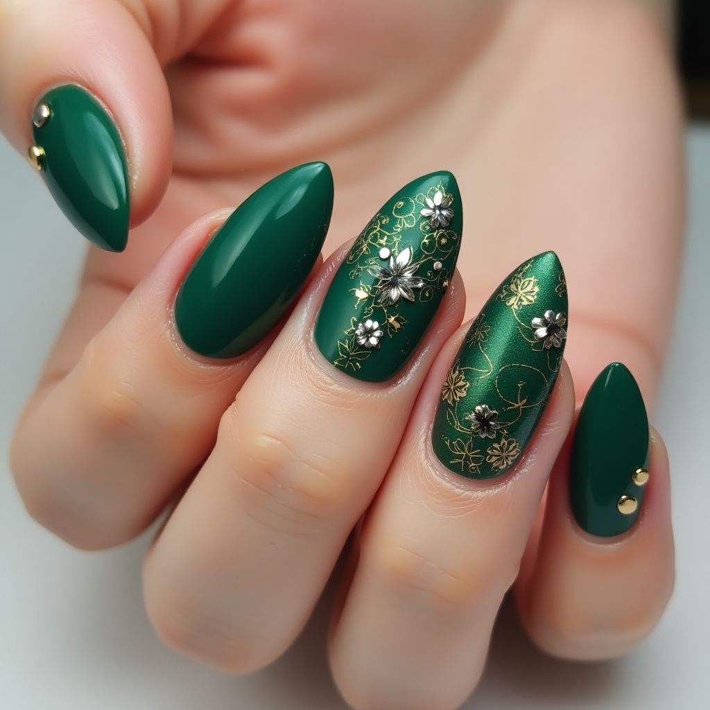 Emerald green Almond Nail Design
