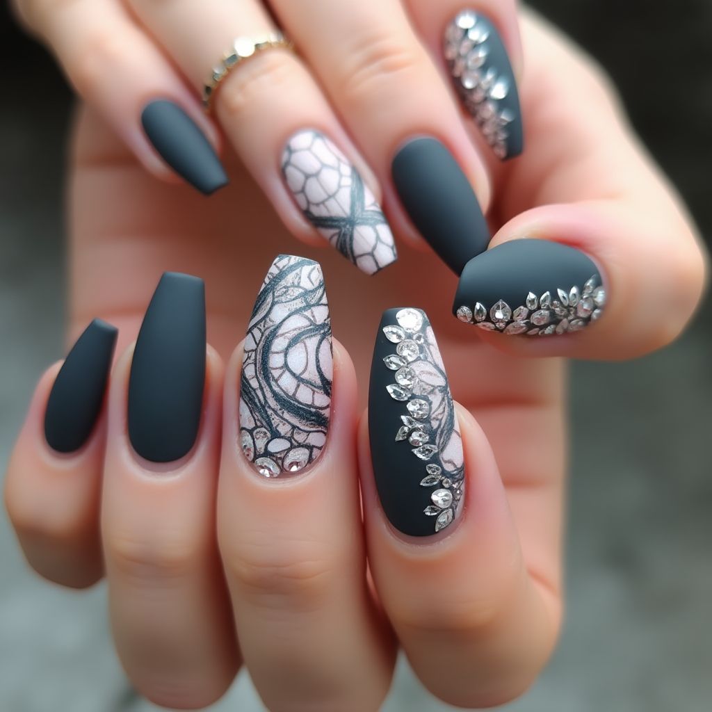 Charcoal Gray Coffin Nail Design